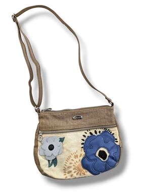 Relic Tan Crossbody Bag with Blue and Cream Floral Appliqué